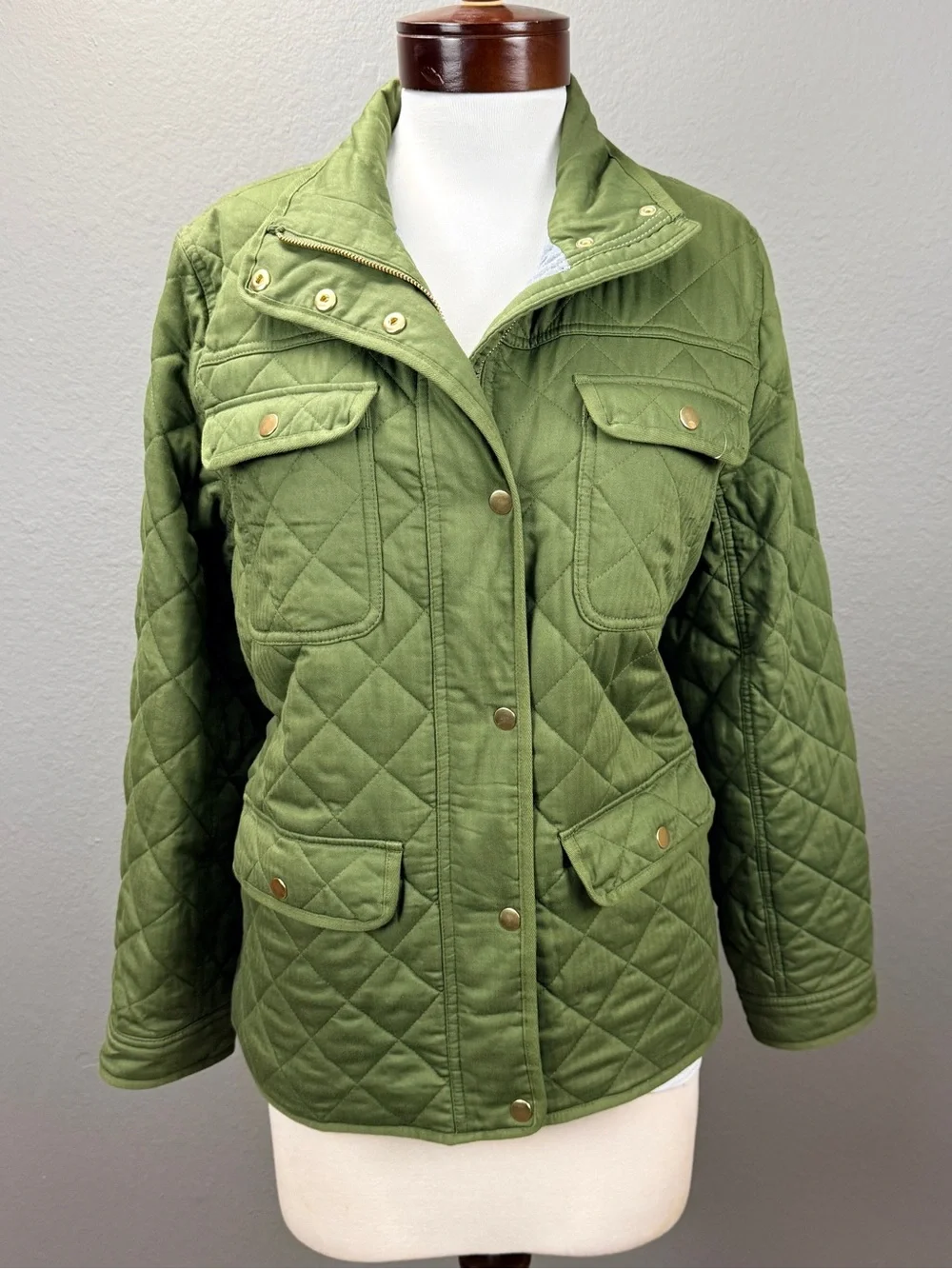 J.Crew Quilted Downtown Field Jacket Olive Green Utility Moto Coat Size L Fall
